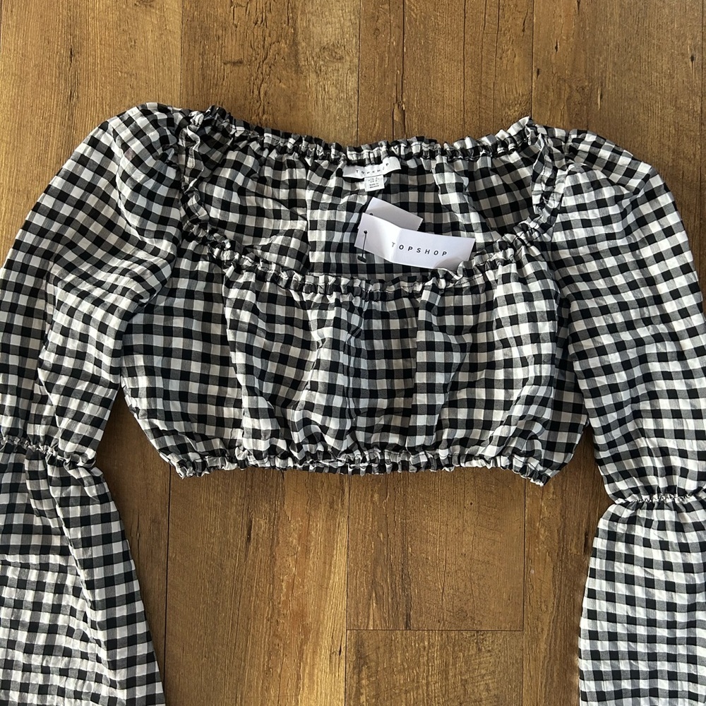 Topshop Gingham Smocked Crop Top NWT Puff Sleeve Black White Size 2 - Picture 4 of 9
